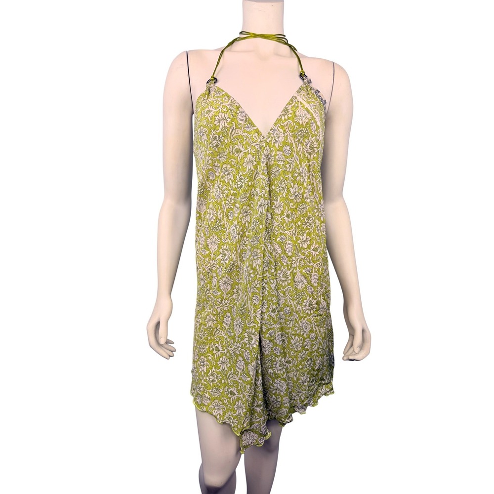 Vacation Convertible Sarong Dress Women OS Green Floral Paisley‎ Halter Mini NEW